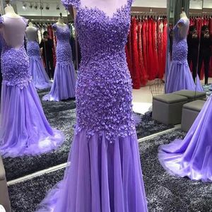 Pretty Tulle Purple PROM Scoop Neck Cap Sleeves Lace Appliqued Mermaid Dresses Evening Party Gowns 328 328