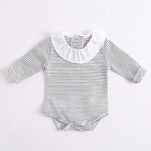 Vår Höst Spädbarn Baby Girls Rompers Kläder Bodysuit Svart Vit Stripe Långärmad 0-2 år 210429