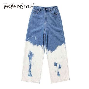 TwotWinstyle Casual Loose Mulheres Pintadas Comprimento Completo Calça Cintura Alta Cintura Hit Cor ASimétrica Denim Largo Pants Para Fêmea 211129