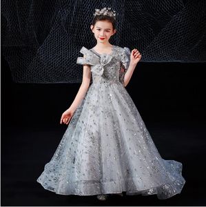 Princess Flower Girl Dresses For Wedding Grey Lace Sequin Första nattvardsblodklänningar Baby Party Pageant Evening Dress Long Vestidos 403