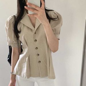 Chic Korea Summer Retro Single-breasted Lapel Blouse Women Pleated Slim High Waist Tops All-match Puff Sleeve Cotton Linen Shirt 210610