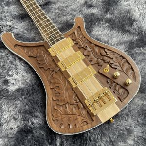 4 Strings 4004 LK Lemmy Kilmister Walnut Carved Electric Bass Guitar Neck Through Body, Gold Hardware, Star Inlay