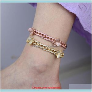 Anklets Biżuteria 10 mm mrożona Bling CZ Miami Cuban Link Łańcuch kostki z motylami Kobiety Hiphop Downot Dostawa 2021 iNues