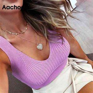 Sexy Club Wear Tank Women V Neck Knitted Basic Crop Top Sleeveless Backless Ladies Solid Color Bodycon Tops 210413