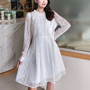 Summer Women Embroidery Mini Long Sleeve See Through Vintage Elegant White Lace Short Tunic Dress 210415