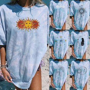 女性のTシャツ夏S-3XLプラスサイズTシャツかわいいデイジープリント綿の女性Tシャツoネック半袖ティーオーシャスされたタイ染料の上