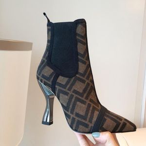 Brand-name shoes New designer short boots Womens profiled heel Mid-high heels Classic luxury letter Fashion pointed toe cloth pattern 35-42 size
