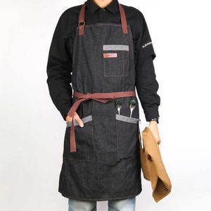 WEEYI Grembiule da cucina Uomo Donna Unisex Nero Grembiule da lavoro in denim Chef Ristorante Grembiuli da cucina per barista Cameriere Cafe Shop BBQ 210622