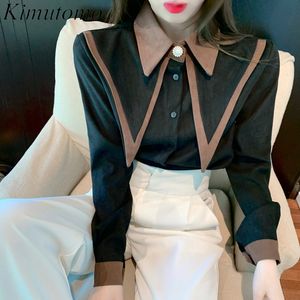 Kimutomo Vintage Bluzka Kobiety Wiosna Jesień Kobieta Peter Pan Collar Single Breasted Długi Rękaw Koszula Outwear Moda 210521
