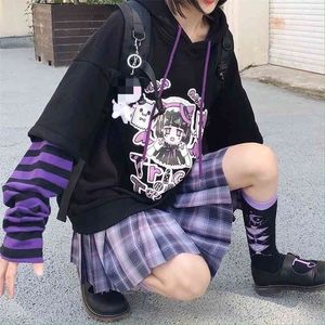 QWEEK E Girl Kawaii Hoodies Women Tracksuit Black Hoodie with Anime Long Sleeve Korean Style Sweatshirt Oversized Gothic Kpop 210803