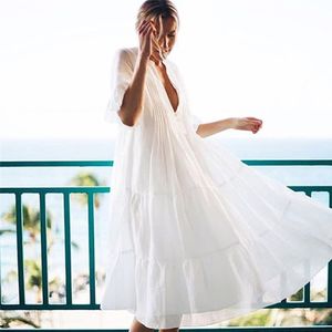 Swim Wear Boho White Cotton Beach Dress Women Deep V Neck Plus Size Bikini Cover Up Long Tunic Elegant Maxi Summer Club Party Dres