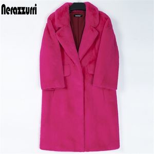 Nerazzurri Winter Długi Różowy Faux Fur Coat Kobiety Lapel Ciepłe Grube Czarna Miękka Puszysta Kurtka Luźna Stylowa Koreańska Moda 211122