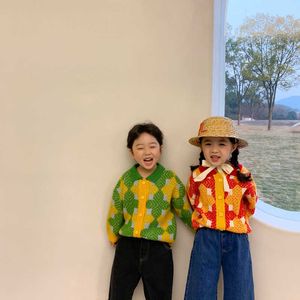 Korean style boys and girls single breasted jacquard Sweaters children Turn-down Collar Casual Knit Cardigan Coats 210615