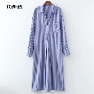 Vintage Paski Maxi Sukienka Kobieta Z Długim Rękawem Prosta strona Split Luźna Oversize Robe Femme 210421