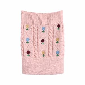 Eleganta kvinnor rosa tröjor mode damer slash neck stickade toppar streetwear kvinnlig chic blommig broderi ärmlös 210427