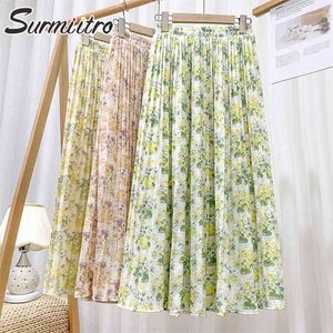 Primavera verão saia longa mulheres estilo coreano verde amarelo floral cintura alta escola midi fêmea plissado 210421