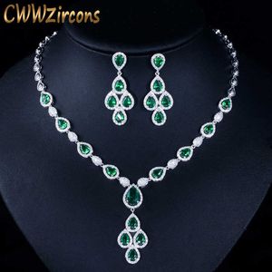 Elegant White Gold Color Green Water Drop Cubic Zirconia Crystal Big Wedding Necklace Earring Set for Brides T285 210714