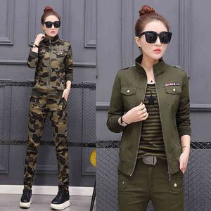 Plus Size 5XL Women Costume Spring Cotton Military Camouflage Two Piece Set Top and Pants 2XL 3XL 4XL Women's Suit X0428