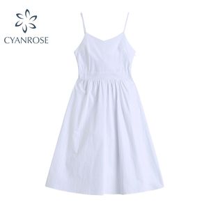 Summer Sexy White Spaghetti Strap Dress Women Backless Hollow Out Back Tied Bow Knots V-Neck Loose Casual Ladies dress 210515