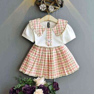 Gooporson Summer Little Girls Clothes Cute Plaid Lace Collar Short Sleeve Shirt&skirt Cartoon Children Clothing Set Kids Outfits G220310