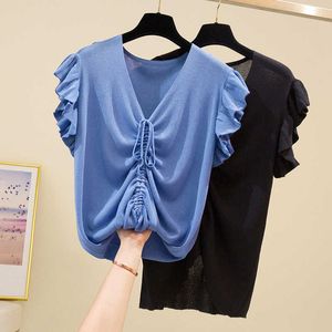 Oversized Sexy lace up knitting pullover top Fashion ruffle Summer sweater women Chic black V-neck knit slim jumper pull femme 210604