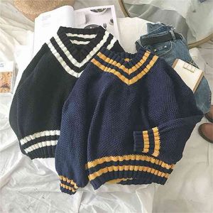 Autumn V-neck Sweater Women Vintage Jumper Blue Knitted Striped s For White Harajuku Pullover Winter Warm 210914