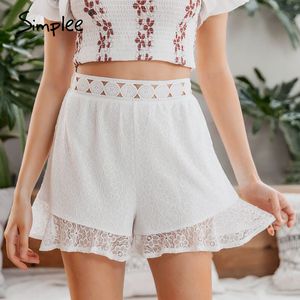 Ruffle Mid Waist Lace Kvinnor Mujer Beach Style Flower Pattern Polyester Ladies Micro-Bomb Lined Shorts 210414