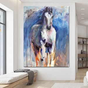 Modernes abstraktes Tier-Poster, Druck, Vintage-Stil, weißes Pferd, Wandkunst, Bild auf Leinwand, für Wohnzimmer, Heimdekoration, Gemälde, ungerahmt