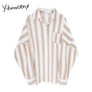 Yitimuceng Beige Blouse Office Lady Clothing for Women Shirts Plaid Plus Size Long Sleeve Shirts Turn-Down Collar Clothing 210601