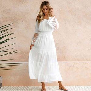 Forme o ombro branco vestido de renda senhora camisa manga comprida casual es elegante midi robe 210427