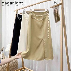 Gagnight Summer Wrap Midi Pencil Skirt Women High Waist Split Faldas With Beading Chain Elegant Ladies Jupes Black Khaki 210601