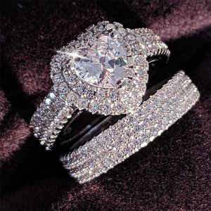 オリジナル925スターリングシルバーハートカットジルコンの結婚指輪セット女性の花嫁の婚約ジュエリーバンド永遠ナイジェリアR4864 x0715