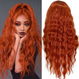 Hairpiece Long Wave Hairstyle Wigs Middle Orange Black Heat Resistant Fiber Synthetic for Women Cosplay 0121