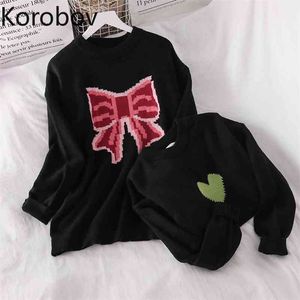 Korobov Sweet Bow Kvinnor Tröja Preppy Style O Neck Långärmad Super Mujer Korean Hit Färg Kvinna Jumper Vintage Sweaters 210430