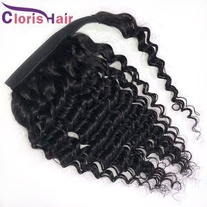 Deep Wave Wrap Around Human Hair Ponytails Hairpiece Raw Virgin Indian Curly Ponytail Extensions Clip Ins With Magic Paste For Black Women