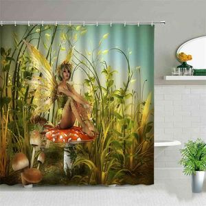 Beautiful Wing Elves Girl Shower Curtain Set Fantasy Home Bathroom Decor Mushroom Flower Plant Hanging Curtains 210915