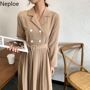 Neploe Maxi Dress for Women Korean Double-breasted Temperament Vestido Mujer Notched Neck Vintage Pleated Elegant Dresses 94810 210422