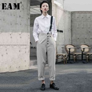 [EAM] 높은 허리 GEAY 버튼 스플릿 조인트 레저 바지 바지 느슨한 맞는 바지 여성 패션 봄 가을 1R5860 211124