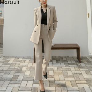 Office Workwear Korean Women Blazer Pant Suits Sets Autumn Double-breasted + Pants Fashion Ol Style Work 210518