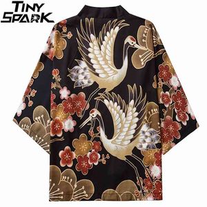 Jaqueta Kimono Japonês Retro Guindaste Floral Harajuku Hip Hop Homens Japão Streetwear Verão Roupas Fina Solta 210811