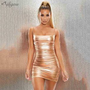 Bronzing Party Dress Ladies Mini Aummer Spaghetti Bälte Öppna Back Ruffle Sexiga Tight Vestidos 210525