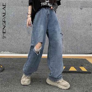SHENGPALAE Summer Casual Jeans Woman Long Trousers Cowboy Female Loose Streetwear Ripped Denim Straight Pants ZA4413 210708