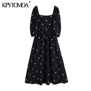 Kvinnor chic mode blommig broderi midi dress vintage torg krage elastisk trim kvinnliga klänningar vestidos mujer 210416