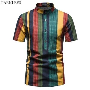 Erkek Patchwork Baggy Pamuk Keten Gömlek Kısa Kollu Bantlı Yaka Düğmesi Yaz Gömlek Erkekler Tatil Tatil Hawaii Gömlek 3XL 210522