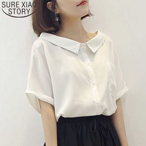 Summer Korean Style Doll Collar Hipster Shirt Loose Slim Fit Short Sleeve Chiffon Blouse Women Fashion Blusas 8918 50 210527