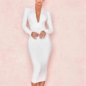 Summer Deep V Neck Women Bandage Dress Full Sleeves Celebrity Bodycon Dress Sexy Club Vestidos Evening Party Dresses 210826