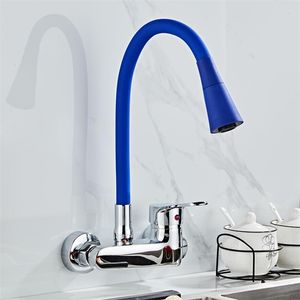 Wall Mounted Kitchen Faucet Single Handle Kitchen Mixer Taps Dual Holes and Cold Water Tap 360 Degree free Rotation 211108