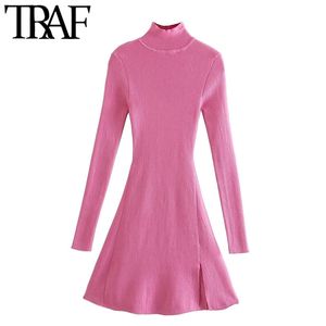 Traf女性シックなファッションフロントスリットフィットニットミニドレスビンテージハイネック長袖女性ドレスvestidos Mujer 210415