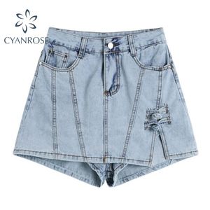 Trendiga Denim Shorts Kjolar Kvinnor Vintage Casual High Waist Split Mini Jeans Skirt Harajuku Hong Kong Style Summer 210515