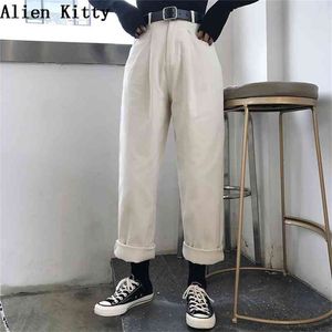Alien Kitty Loose Cintura Alta Cintura Fino Pants Primavera Outono Feminino Moda Simples Casual Calça Sólida Meninas All-Match Fresh 210706